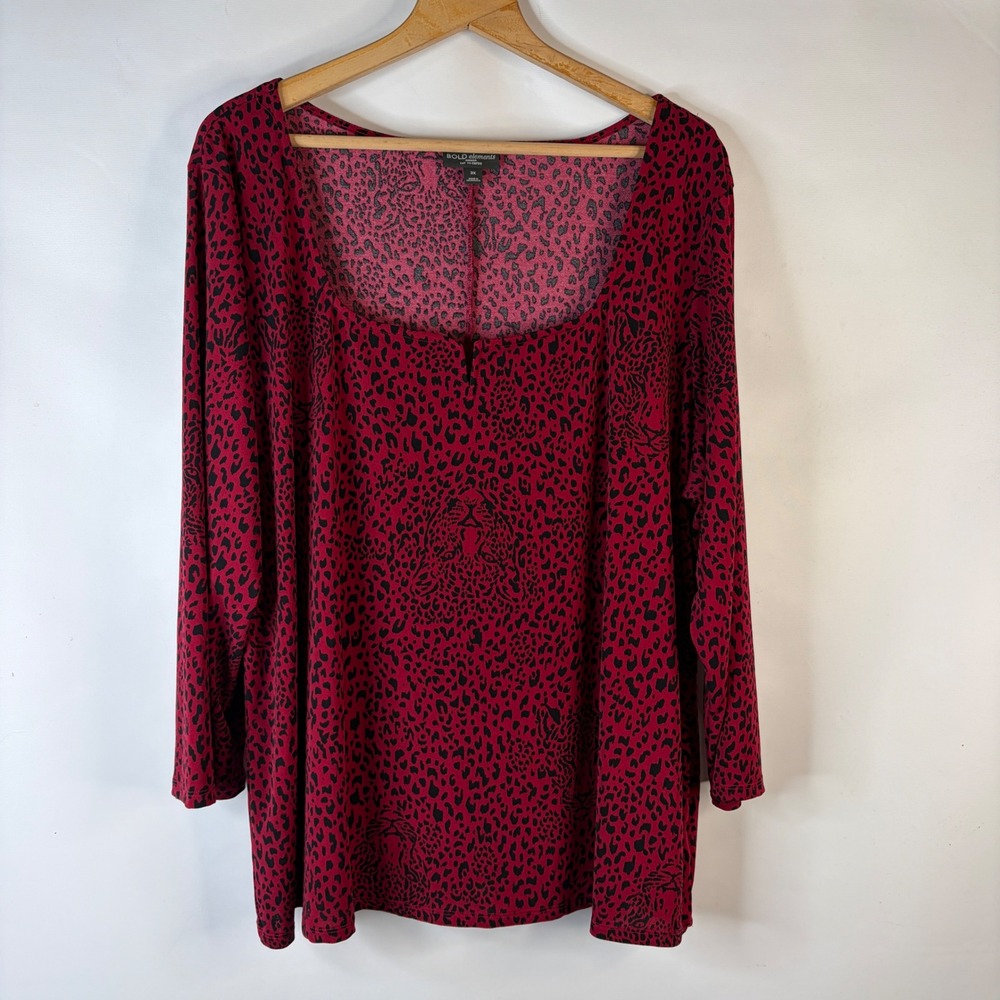 Bold Elements Blouse Women 3X Red Leopard Print 3/4 Sleeve Square Neck Top